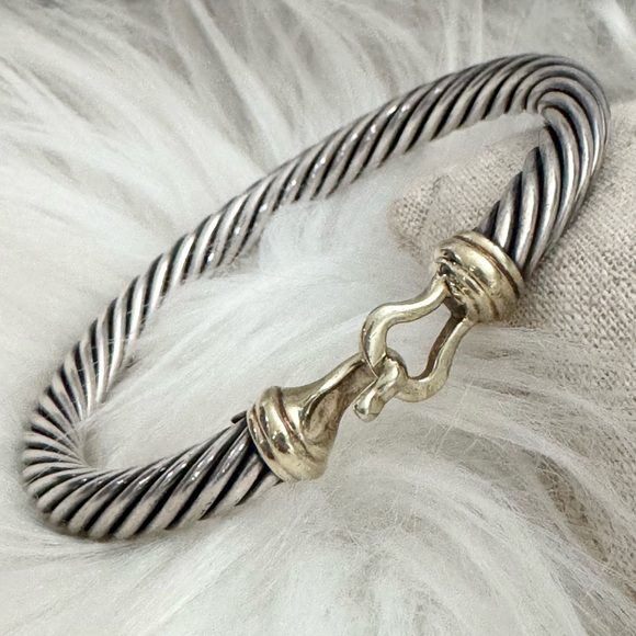 David Yurman 7mm Hook & Buckle Cable Cuff Bracelet .925 14K Gold - Picture 1 of 11